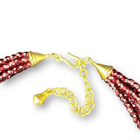 Seven Strands Red Stones Beaded Necklace over Gold Plated Hook Clasp 17-20" - Picture 5 of 7
